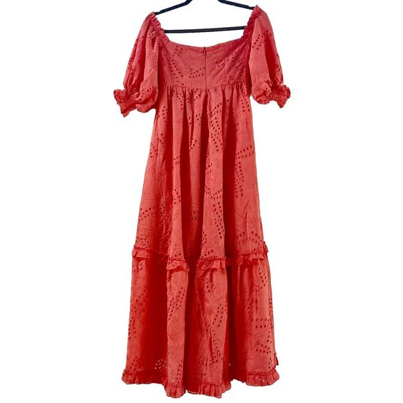 Waimari Belmond Coral Pink Puff Sleeve Eyelet Lace Peasant Maxi Dress Size S - Picture 9 of 9